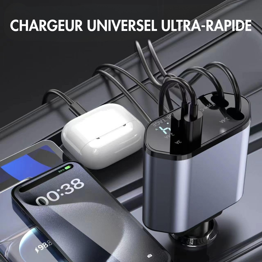 Chargeur voiture intelligent avec câbles intégrés