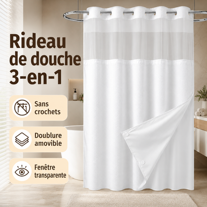 Rideau de Douche 3-en-1 Sans Crochets avec Doublure Amovible
