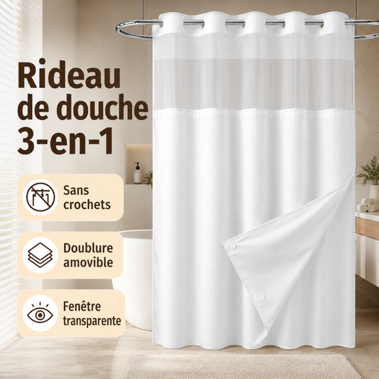 Rideau de Douche 3-en-1 Sans Crochets avec Doublure Amovible