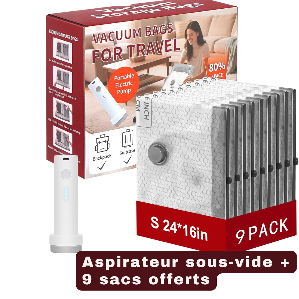 Aspirateur sous-vide portable + 9 Sacs de rangement – Gagnez jusqu’à 80% d’espace