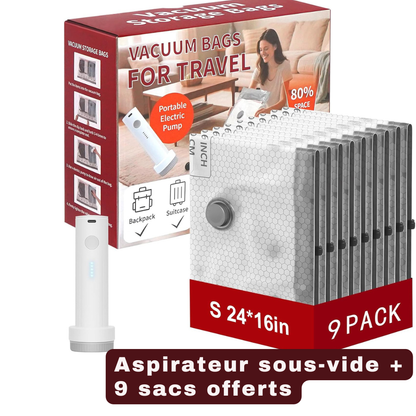 Aspirateur sous-vide portable + 9 Sacs de rangement – Gagnez jusqu’à 80% d’espace