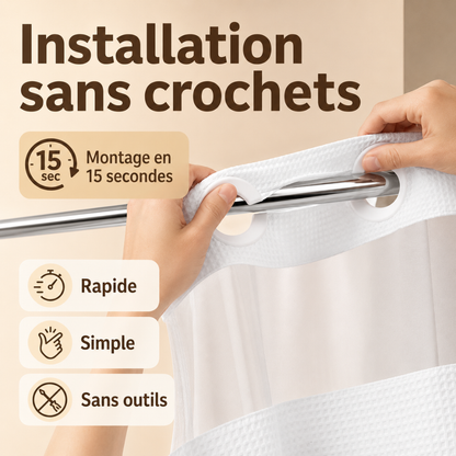 Rideau de Douche 3-en-1 Sans Crochets avec Doublure Amovible