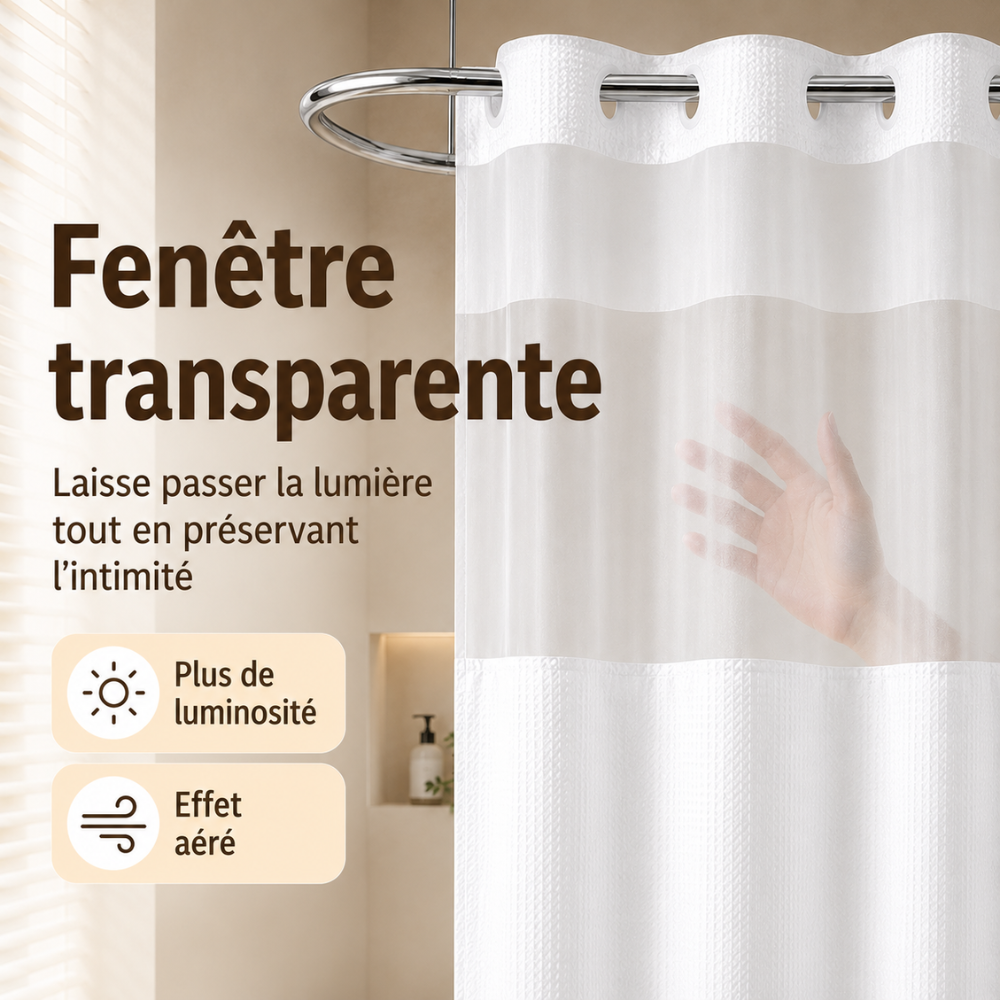 Rideau de Douche 3-en-1 Sans Crochets avec Doublure Amovible