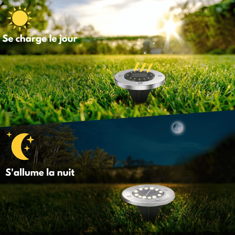 Éclairage solaire moderne sur le sol, créant une ambiance douce