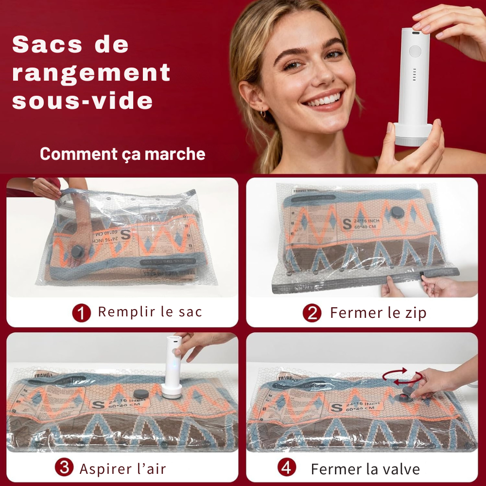 Aspirateur sous-vide portable + 9 Sacs de rangement – Gagnez jusqu’à 80% d’espace