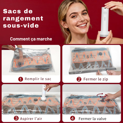 Aspirateur sous-vide portable + 9 Sacs de rangement – Gagnez jusqu’à 80% d’espace