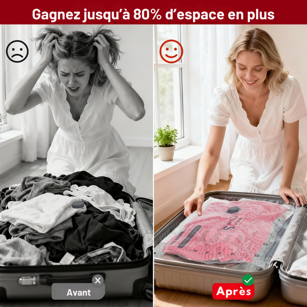 Aspirateur sous-vide portable + 9 Sacs de rangement – Gagnez jusqu’à 80% d’espace