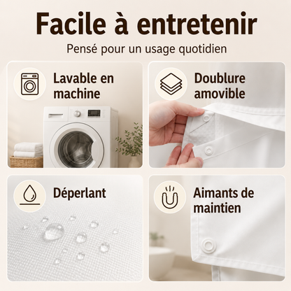 Rideau de Douche 3-en-1 Sans Crochets avec Doublure Amovible