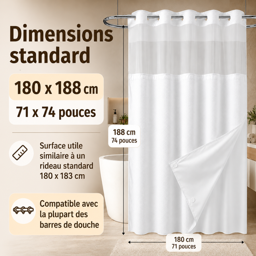 Rideau de Douche 3-en-1 Sans Crochets avec Doublure Amovible