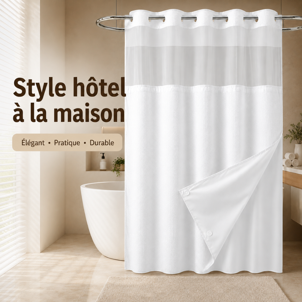 Rideau de Douche 3-en-1 Sans Crochets avec Doublure Amovible